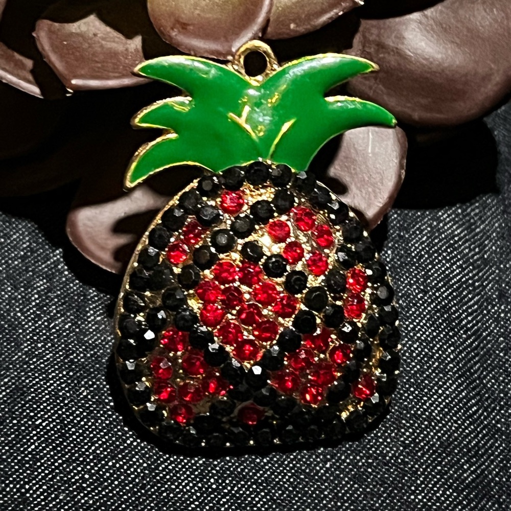 Red and Green Pineapple Pendant / keychain with Sparkling Crystals.